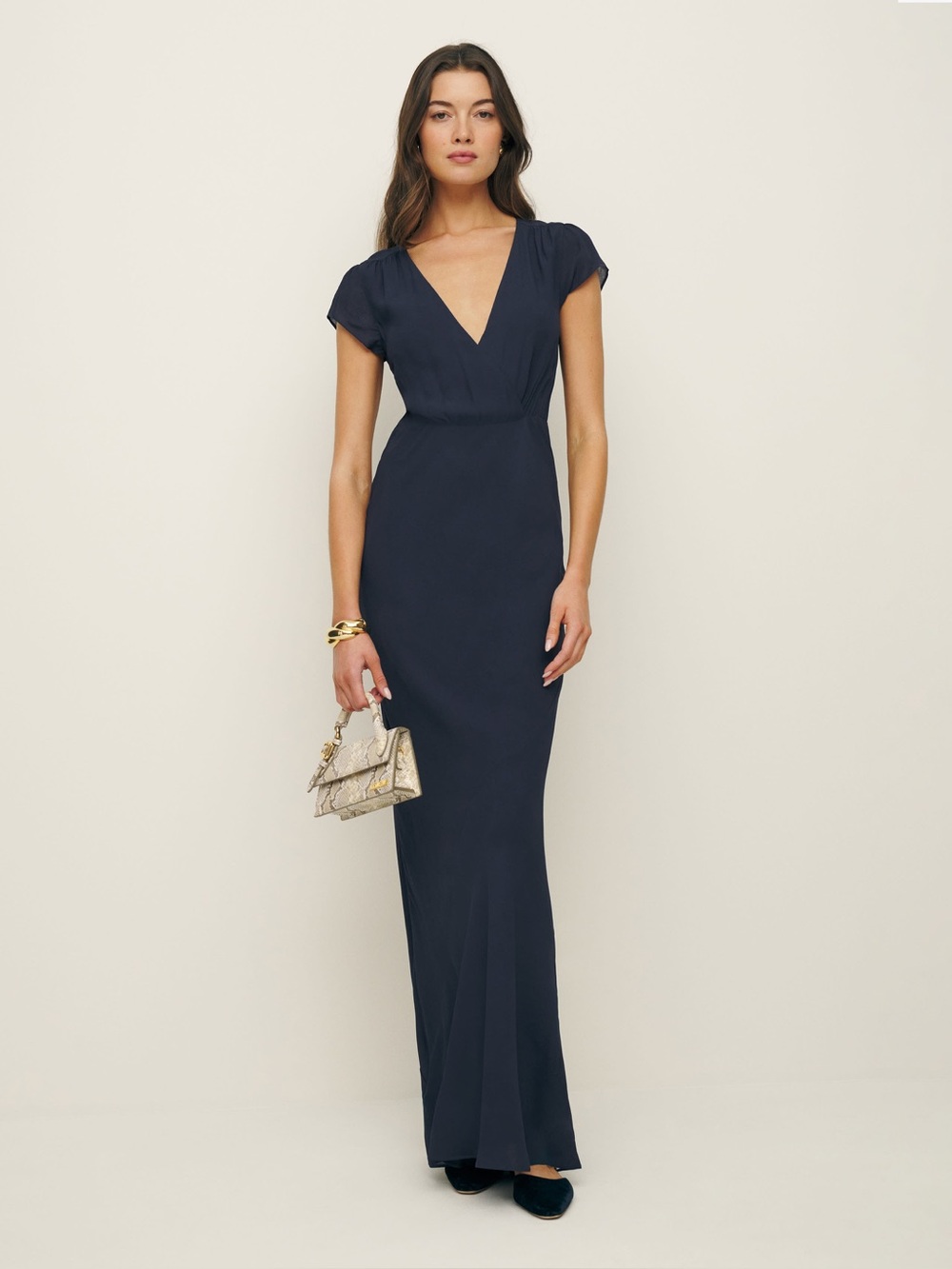Reformation Nayeli Dress Navy Blue Cap Sleeve V Neck Size 10 - Picture 1 of 9